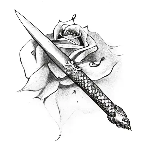 Flaming Dagger With Roses And A Snake Wrapped Around