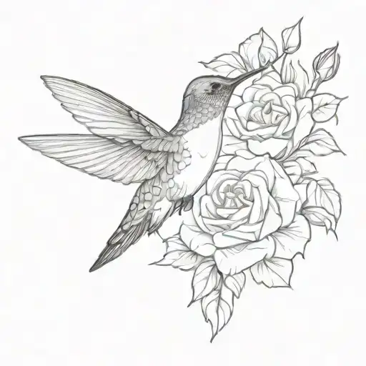 A Beautiful Hummingbird Hovering Over A Blooming Rose Garden