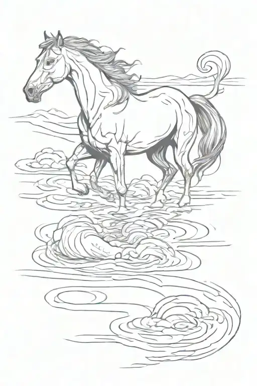 Horse Walking In River Flowing