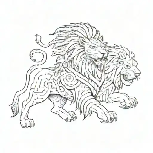 A Manager Symbolized As A Powerful Lion Leading A Pack Of Warrior Samurais In A Sketch Style