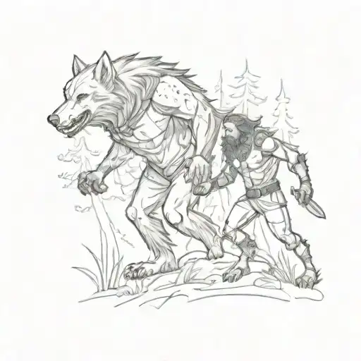 A Warrior With A Werewolf Companion Walking Through A Dense Swedish Forest