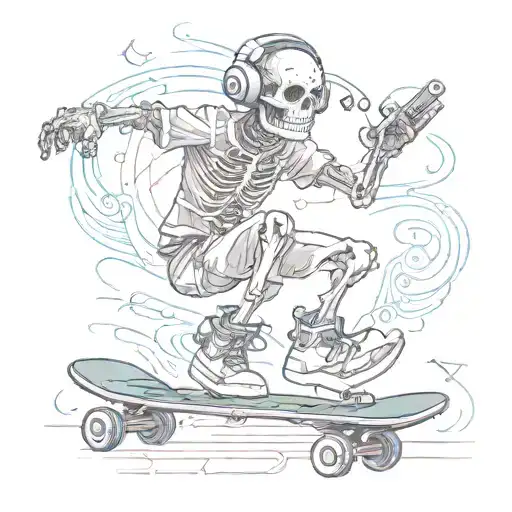 Skelett On A Skateboard While Listening To Music With Headphones
