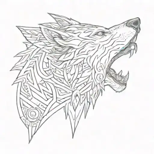 An Alpha Lycan Howling At The Moon Surrounded By Tribal Patterns