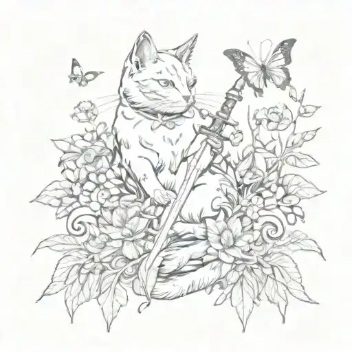 A Fantasy Scene With A Cat Wielding A Sword Among Butterflies And Flowers