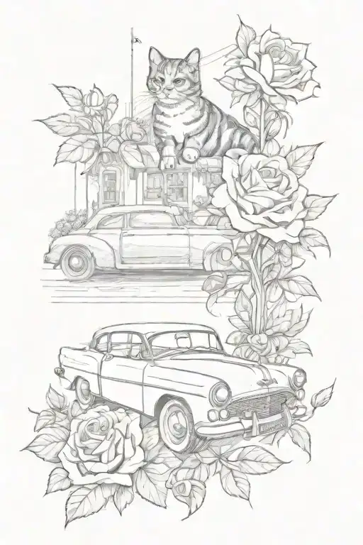 A Sketch Style Tattoo Of A Vintage Car Parked Next To A Bed With Roses And A Cat On Top