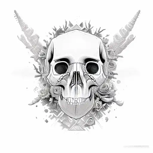 Dinosaur Fossils With Flowers Embedded In The Skull In A Geometric And Sketch Style