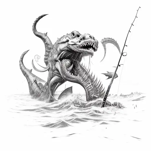 A Fierce Warrior Battling A Giant Digital Sea Monster With A Fishing Rod
