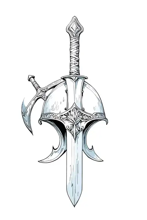 Crusader Sword Leaning Against The Helmet