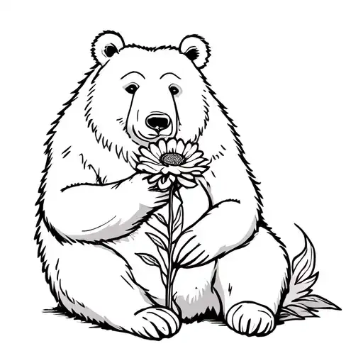 Grizzly Bear Sitting With A Flower In Its Hand