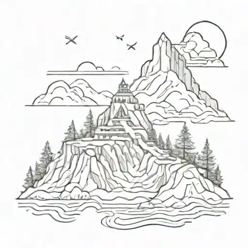 A Sketch-style Tattoo Of A Scenic Mountain Landscape With Hidden Legend Of Zelda Symbols