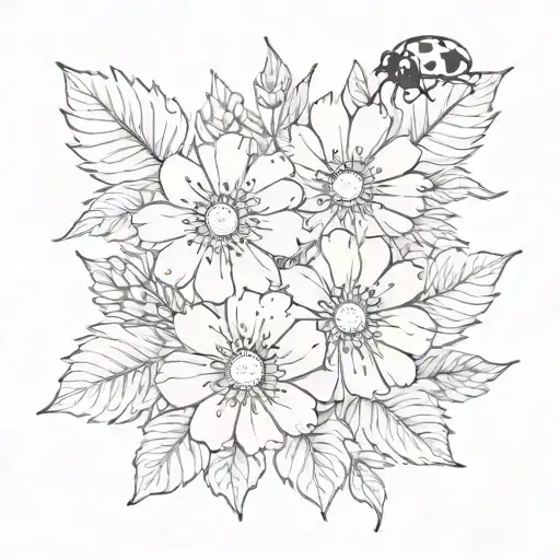 Ladybird October Birth Flower Bouquet Tattoo Design