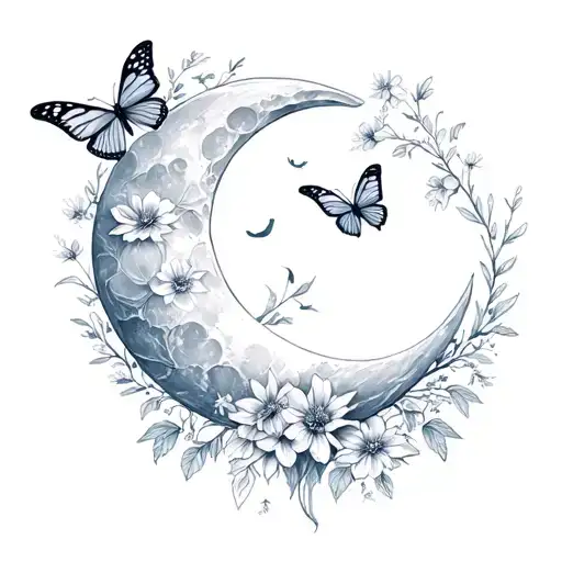Moon With Butterfly And Flowers