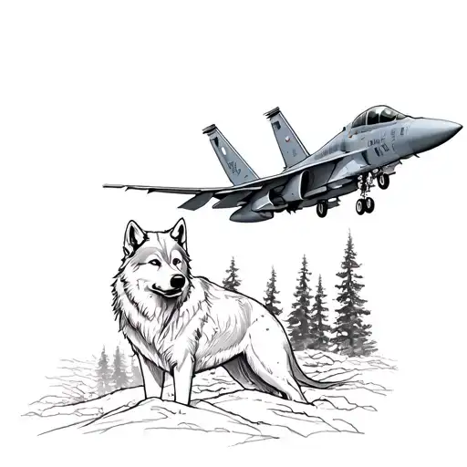 Grey Wolf Surrounded By Woods And A Ea-18 Growler Jet