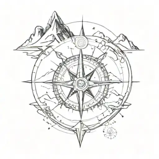 A Sketch-style Tattoo Of A Compass With Mountain Peaks In The Background