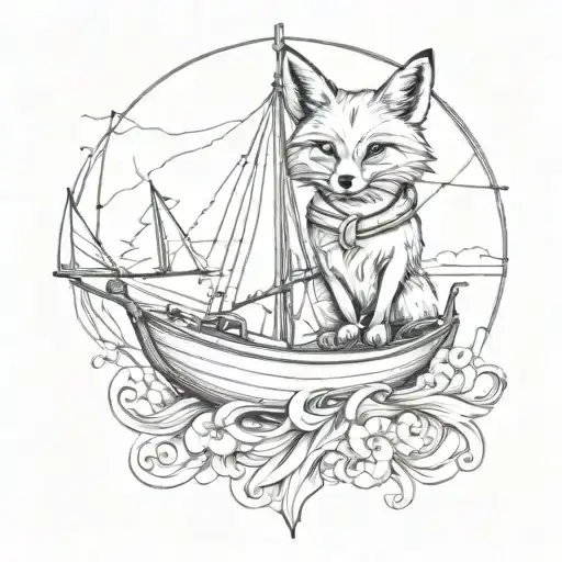 A Sketch Style Tattoo Of A Fox Steering A Sailboat