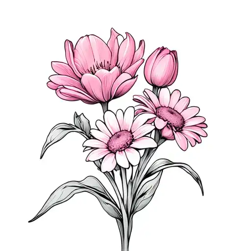 Fushcia Tulip And Daisy Flowers Intertwined