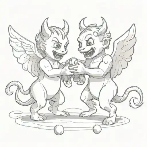A Cute Cartoonish Devil And Angel Playing Tug-of-war With A Boof Toy