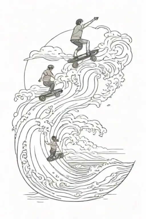 A Surreal Beach Scene With Skateboarders Riding Waves Instead Of Boards