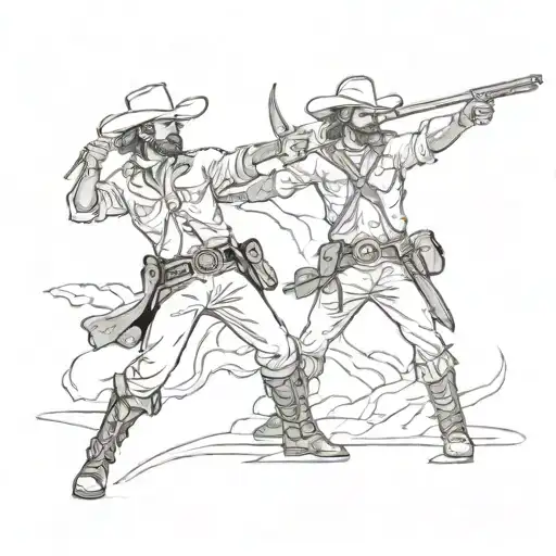 A Western-themed Tattoo Featuring A Cowboy Duel With A Twist Of Greek Mythology