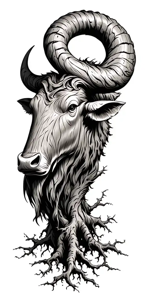 Wood Ox Head With Tree Roots Growing