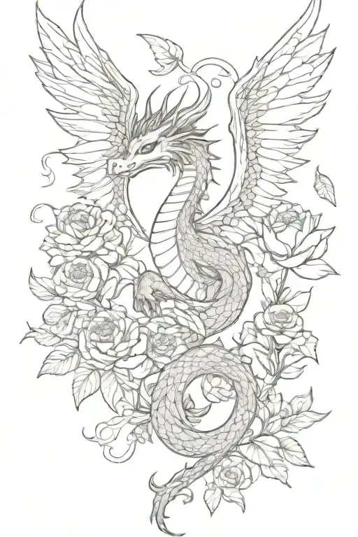 Dragon With Wings In Flowers Surrounding