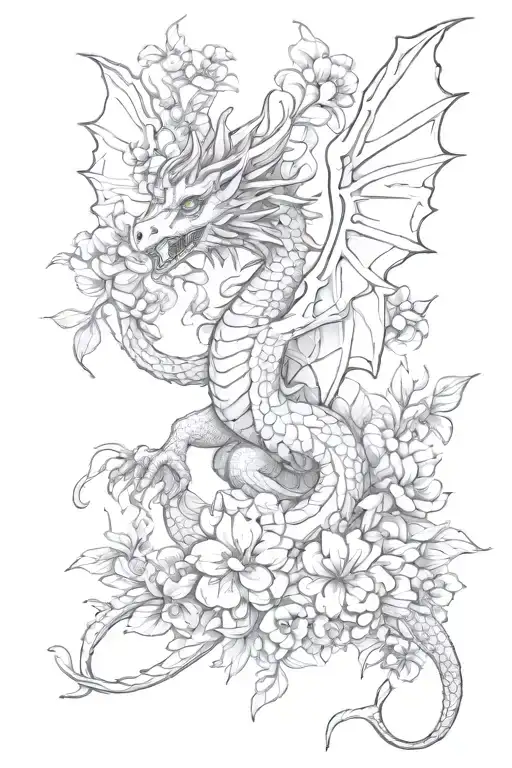 Dragon With Big Wings In Flowers