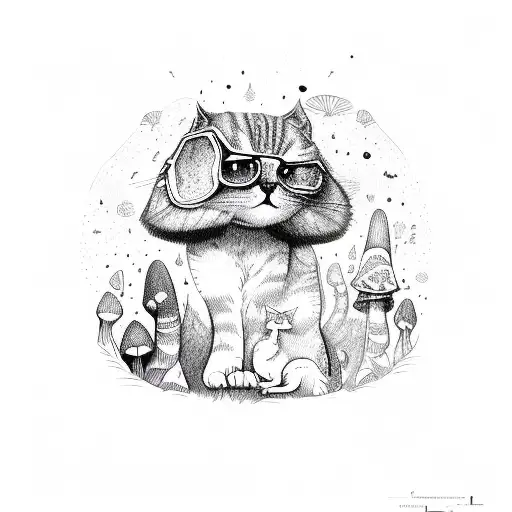 Psilocybin Mushrooms Around Cat In The Woods