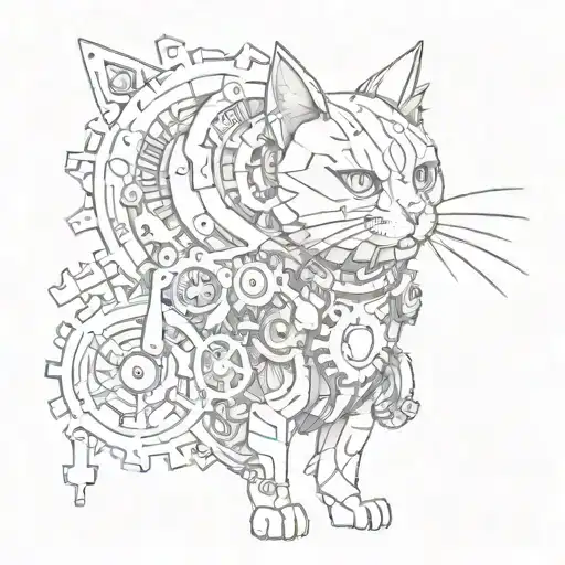 Combine A Cat Character From A Video Game With Mechanical Gears And Cogs In A Tattoo Design