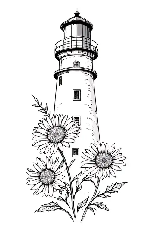 Lighthouse And Aster Flower With Stem