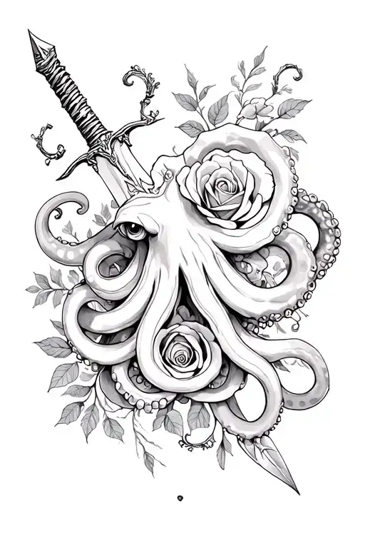 Octopus Tentacle And Dagger And Roses