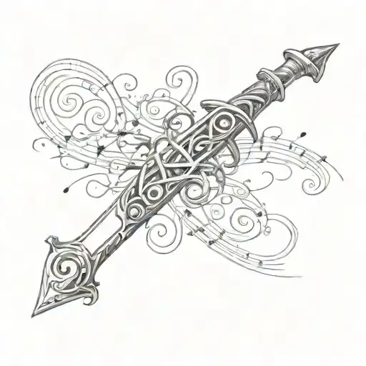 Sword With A Treble Cleft Handle With Music Notes Swirling Around It