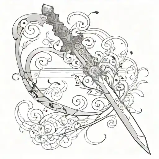 Sword With A Treble Cleft Handle With Music Notes Swirling Around It