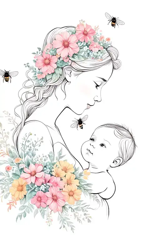 Silhouette Mom And Baby With Flowers And Bees