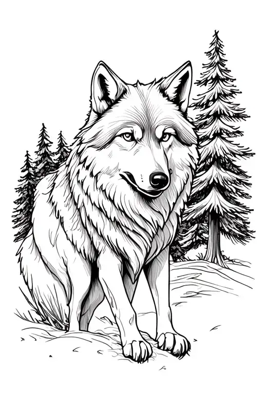 Wolf With Pine Trees