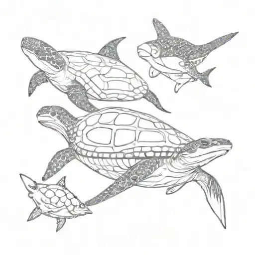 Turtle On Top Of A Manta Ray And Whale Shark Swimming