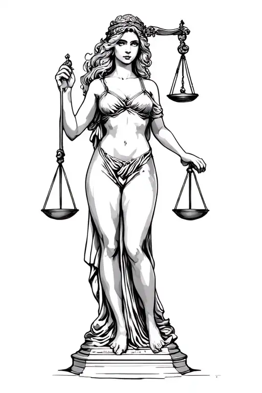 Stading Sexy Lady Of Justice Holding Scales Of Justice In One Hand