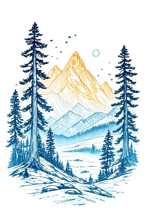 Dusk Mountain And Redwood Lanscape With Serilian Blue And Gold Colors