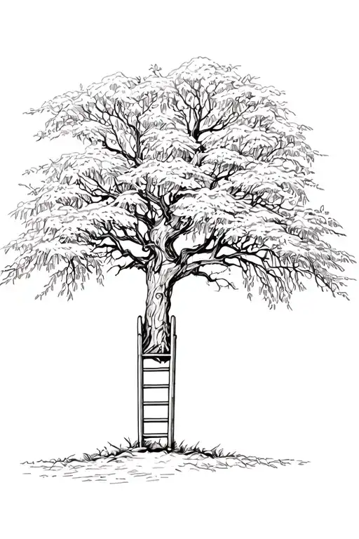 Willow Tree With Ladder Against The Tree