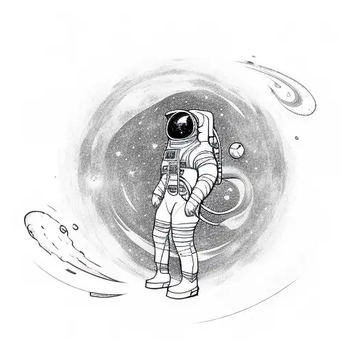 A Line Work Tattoo Of An Astronaut Exploring A Galaxy