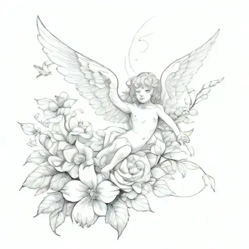 A Scene With Cherub Angel And Dove Above Bees And Flower Interwind