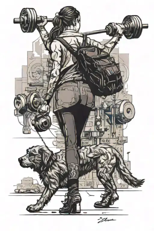 A Woman In Tights Carrying Dumbells Walking Away With A Small And Big Dog Following Her