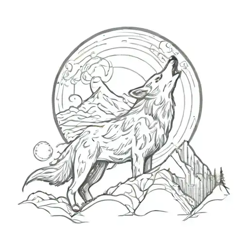 Mountain And Wolf Howling At The Moon