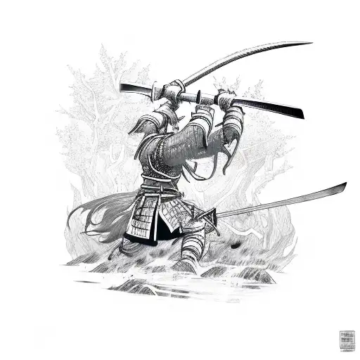 A Fierce Samurai Battling A Mythical Creature Amidst A Lush Forest