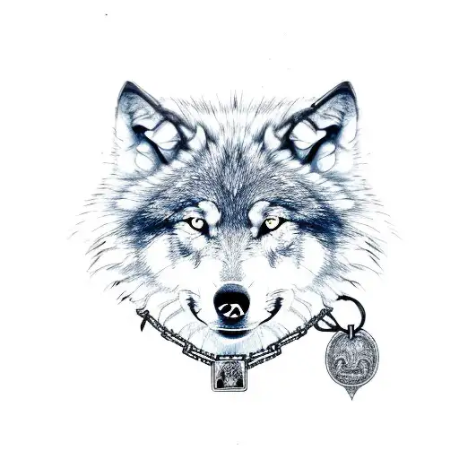 Wolf Wearing A Dog Tag As A Collar