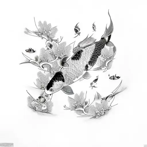 Black-grey Tattoo Of A Family Of Koi Fish Swimming Among Plum Blossoms