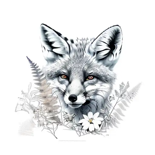 Full Body Of A Fox With Ferns And Flowers Growing Out Of It