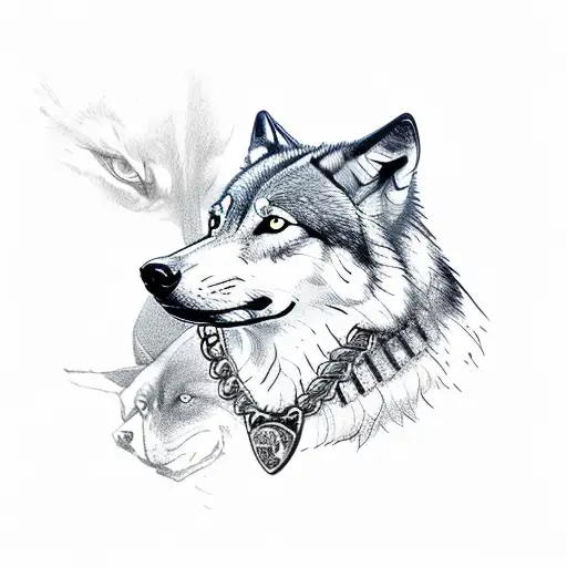 Wolf Wearing A Dog Tag As A Collar