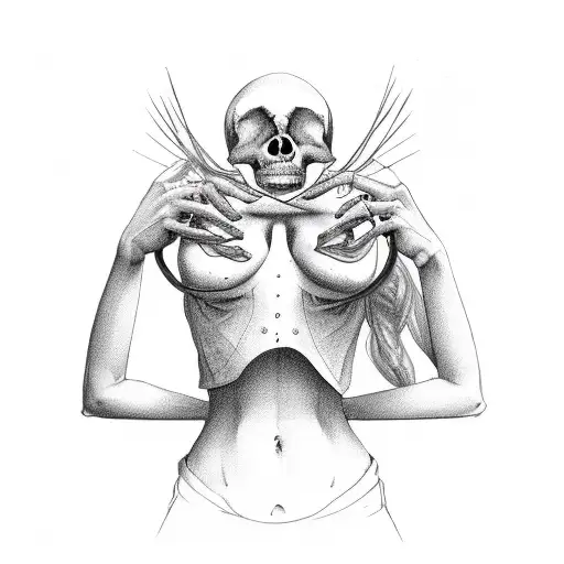 Woman Taking Off Her Sweater With A Human Skull In Place Of Her Stomach
