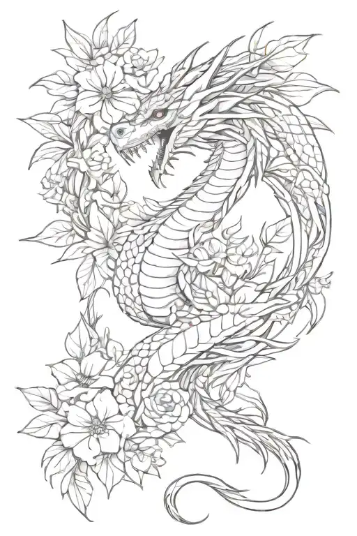 Floral Tattoo With A Dragon Wrapped