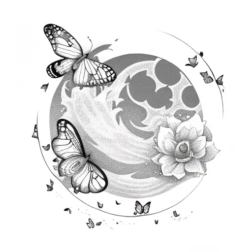 Flower With Butterflies And Moon